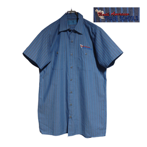 CiNTAS 半袖ワークシャツ size M ブルー ストライプ ゆうパケットポスト可 胸 ロゴ 刺繍 TRADE SCHOOLS ロング丈 古着 洗濯 プレス済 ｄ03