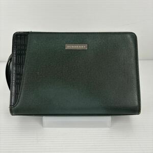 ★074043-03　バーバリー　BURBERRY　LONDON　クラッチバッグ　セカンドバッグ　チェック　レザー　革　グリーン　緑　１円～★