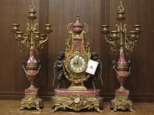 美品 最高級 イタリア Lancini 大理石 エンジェル 天使 真鍮 オルモル装飾 マントルクロック キャンドルスタンド 一対 置時計 燭台 ロココ