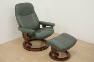 美品 EKORNES エコーネス ストレスレス コンサル Mサイズ 総本革 リクライニングチェア オットマン パーソナルソファ リビング グリーン