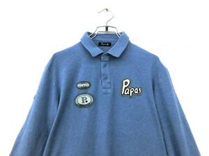 PAPAS PLUS パパス Papas+ メンズ Mサイズ ワッペン ポロシャツ 長袖 青 ロゴ入り Y-38