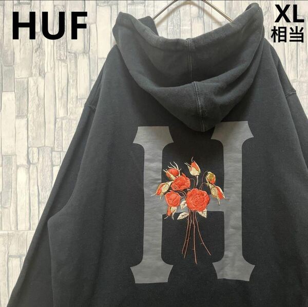 HUF ハフ パーカー スウェット サイズL デカロゴ ビッグロゴ 刺繍ロゴ 花柄 バラ 薔薇 ブラック 長袖 プルオーバー 裏起毛 送料無料