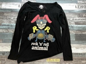 rock'n'roll animal レディース ライトストーン付き 両面プリント アシメ ロンT 長袖Tシャツ 黒