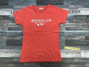 Honolulu ホノルル レディース ビッグプリント クルーネック 半袖Tシャツ L コーラルオレンジ