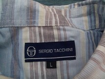 SERGIO TACCHINI セルジオタッキーニ メンズ ボーダー 胸ポケット 長袖シャツ L 水色白茶_画像2