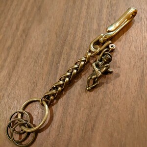 Brass keychain レザー真鍮製スタッズ キーチェーン キーリング ゴールド 16cm バイカー アメカジ ハーレー　カフェレーサー