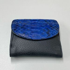 折りたたみ財布　パイソンレザー　ヘビ革　ブルー　ミニ財布　折り財布　ショートウォレット　コンパクトウォレット　