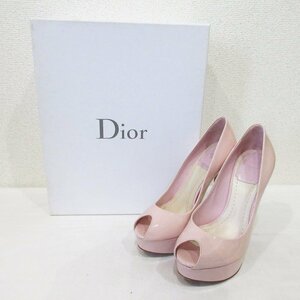 美品 Christian Dior クリスチャンディオール エナメル メタルカナージュヒール オープントゥ パンプス サイズ34 1/2 約22cm ピンク