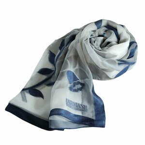  as good as new ARMANI COLLEZIONI Armani koretsio-nibotanikaru floral print stole scarf muffler white × blue J0102