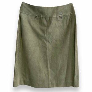  beautiful goods 03C CHANEL Chanel suede leather lining silk 100% stitch knee height tight skirt 38 light green khaki series *