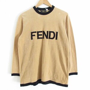 ほぼ美品 FENDI フェンディ ヴィンテージ ロゴ 長袖 ベロア カットソー 40 ベージュ×ブラック ◆