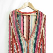 美品 MISSONI ミッソーニ マルチストライプ柄 ストレッチ 長袖 メッシュ ニット カーディガン 大きいサイズ 48 マルチカラー ◆_画像3