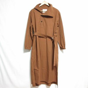 美品 23SS JIL SANDER＋ ジルサンダー 長袖 スタンドカラー スリット マキシ丈 ワンピース ベルテッドドレス 32 ブラウン ◆