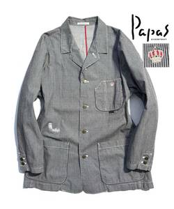 美品【定価5万超】Papas パパス ヒッコリー カバーオール ジャケット L (50) メンズ ストライプ ロゴ刺繍 刻印ボタン 日本製 ストライプ