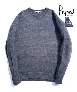 美品【定価3万】Papas+ パパス プラス ウール クルーネックニット L ロゴタブ メンズ ネイビー【着心地抜群の一枚】セーター