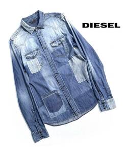 最高級【定価7万】DIESEL ディーゼル パッチワーク デニムウエスタンシャツ L メンズ NEW-SONORA ユーズド加工 美シルエット 送料520円