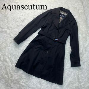 Aquascutum アクアスキュータム トレンチコート ベルト付き 黒 裏地チェック　１スタ１円スタート