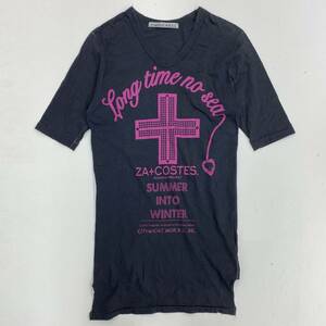 FranCisT_MOR.K.S. MORKS フランシストモークス クロス ロゴ プリント 変形 ロング Vネック Tシャツ カットソー グレー 2 ハイビスカル