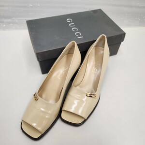 AK◇ GUCCI パンプス エナメル オープントゥ ベージュ サイズ 37 ヒール 約6cm グッチ 箱付き Gマーク ゴールドロゴ