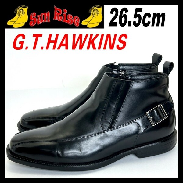 即決 G.T.HAWKINS ホーキンス メンズ 26.5cm 3E レザー ブーツ サイドジップ 黒 ブラック ビジネス カジュアル シューズ 革靴 中古