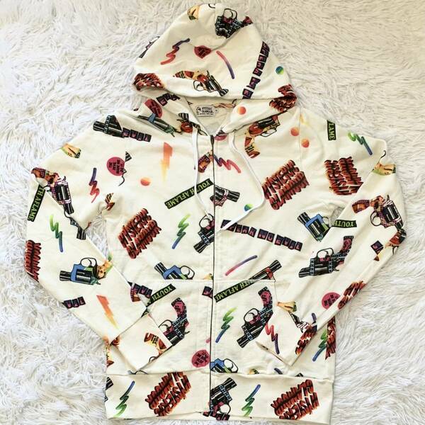 新品 HYSTERIC GLAMOUR ヒステリックグラマー 総柄 パーカー Mサイズ 白 ヒスガール ピストル 拳銃柄 ロゴ 日本製 オゾンコミュニティ 