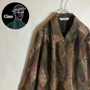 90s ビンテージ　総柄シャツ　アーガイル　長袖　緑紫茶　ポリシャツ　レトロ古着