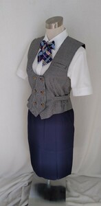 【新品】13号 オンワード製 事務服５点セット バスガイド OL 会社制服 受付 案内/ ベスト スカート キュロット ブラウス リボン付き