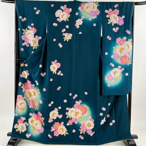 振袖 身丈167cm 裄丈66cm M 袷 草花 箔 ぼかし 青緑 正絹 美品 名品 【中古】