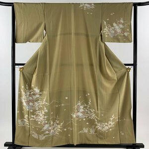 訪問着 身丈157cm 裄丈64cm M 袷 松竹梅 波 薄茶色 正絹 秀品 一つ紋 【中古】