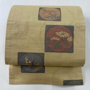 名古屋帯 美品 秀品 丸文 草花 ベージュ 正絹 【中古】