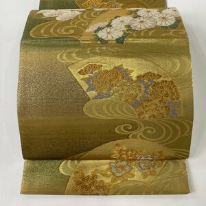 袋帯 美品 秀品 彩美二重箔 扇面 草花 金銀糸 箔 鶯色 六通 正絹 【中古】