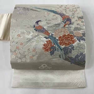 名古屋帯 美品 優品 草花 鳥 箔 銀糸 灰白 正絹 【中古】