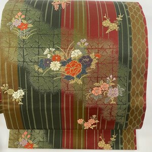 名古屋帯 美品 秀品 草花 縞 金糸 唐織 茶緑色 正絹 【中古】