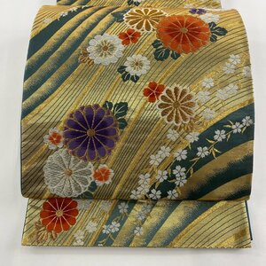 袋帯 美品 秀品 菊 枝垂桜 金銀糸 箔 金色 六通 正絹 【中古】