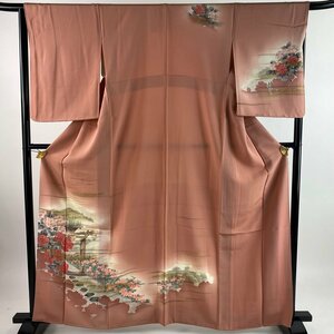 付下げ 身丈163cm 裄丈66cm M 袷 風景 草花 金彩 ピンクベージュ 正絹 秀品 【中古】