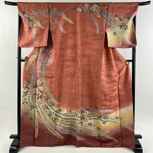 訪問着 身丈169cm 裄丈68cm L 袷 辻が花柄 銀通し サーモンピンク 正絹 美品 秀品 【中古】