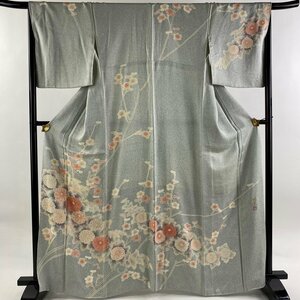 訪問着 身丈165cm 裄丈67cm M 袷 落款 菊 枝梅 金彩 青灰色 正絹 秀品 【中古】