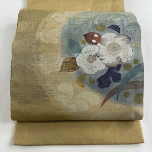 袋帯 美品 秀品 桜 露芝 金糸 銀糸 黄土色 お太鼓柄 正絹 【中古】