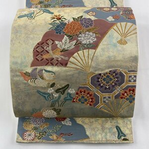 袋帯 秀品 落款 扇 花鳥 箔 金糸 ベージュ 六通 正絹 【中古】