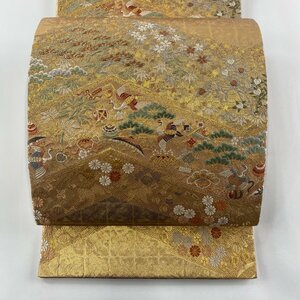 袋帯 秀品 宝尽くし 花鳥 箔 金糸 金色 六通 正絹 【中古】