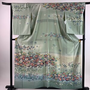 訪問着 身丈159cm 裄丈68cm L 袷 落款 草花 染分け ぼかし 薄緑 正絹 名品 【中古】