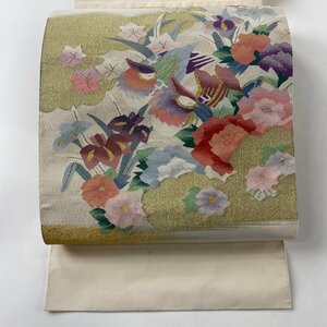 名古屋帯 秀品 松葉仕立て 八寸名古屋帯 トンネル仕立て 草花 鳥 綴織 クリーム 正絹 【中古】