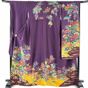 振袖 身丈165.5cm 裄丈68cm L 袷 花車 松 ぼかし 濃紫 正絹 名品 【中古】