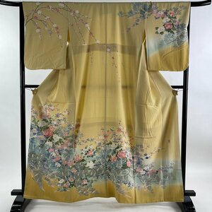 訪問着 身丈162cm 裄丈65cm M 袷 落款 草花 松 染め分け 薄オレンジ 正絹 美品 秀品 【中古】