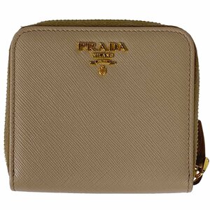 プラダ PRADA ロゴ ラウンドファスナー 二つ折り財布 札入れ 小銭入れ サフィアーノレザー ベージュ レディース 【中古】