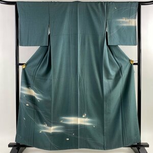 付下げ 身丈160cm 裄丈64.5cm M 袷 菊 萩 金糸 ぼかし 灰緑 正絹 秀品 【中古】