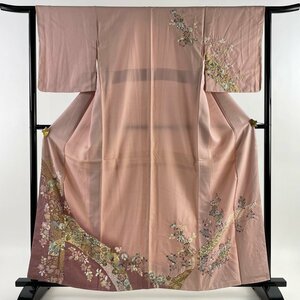 訪問着 身丈161cm 裄丈63cm S 袷 扇面 草花 絞り 染分け ピンク 正絹 秀品 【中古】