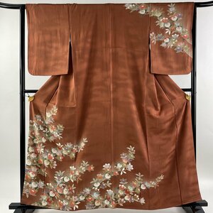 訪問着 身丈160cm 裄丈64cm M 袷 橘花 霞 金銀彩 ぼかし 赤茶 正絹 美品 秀品 【中古】