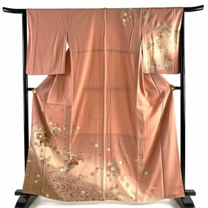 訪問着 身丈164cm 裄丈64.5cm M 袷 花籠 観世水 金彩 ぼかし ピンク 正絹 秀品 【中古】