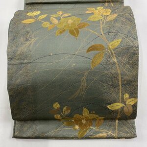 袋帯 秀品 椿 薄 金糸 箔 灰緑 六通 正絹 【中古】